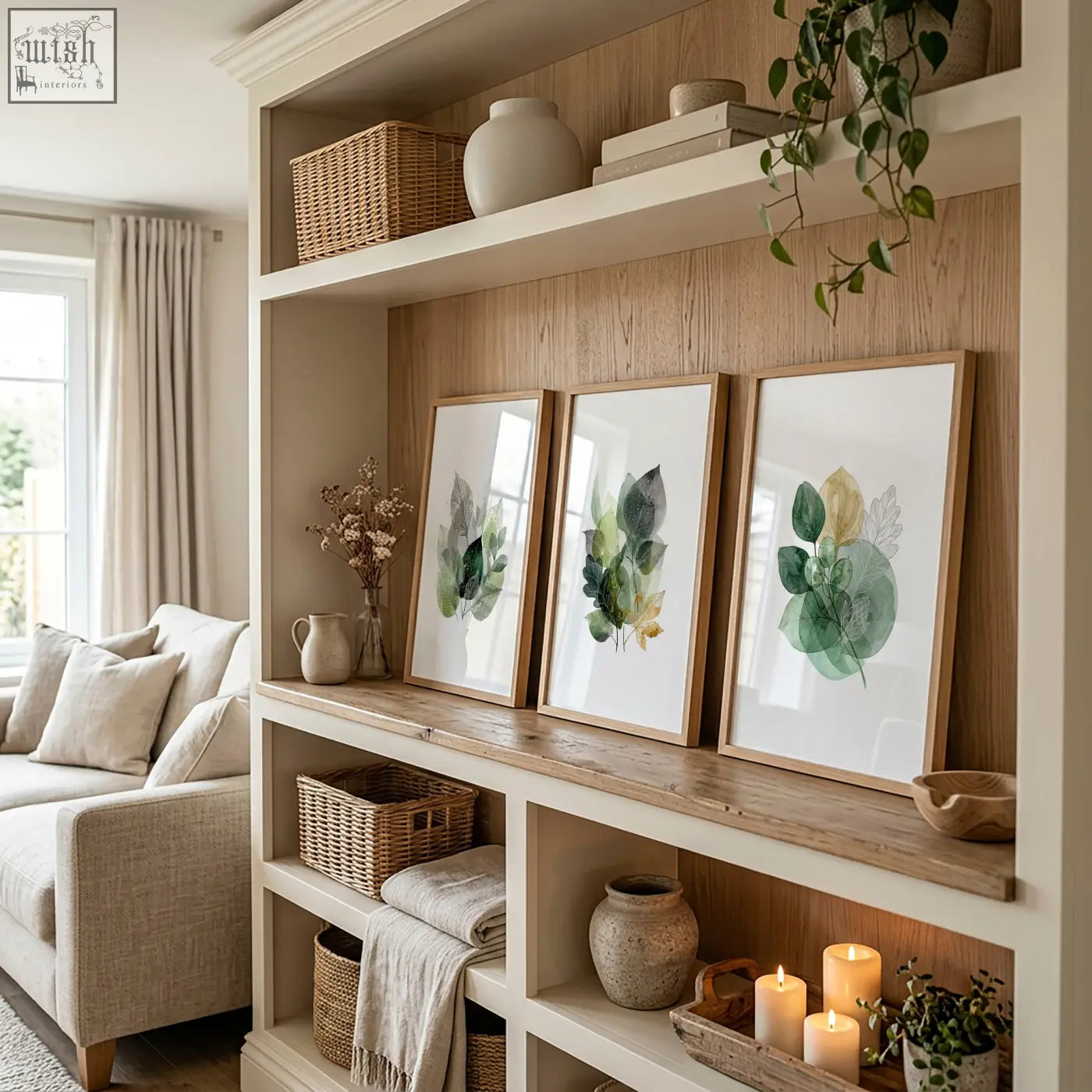 Three framed botanical leaf prints with green and gold watercolor designs in natural wood frames for autumn art decor