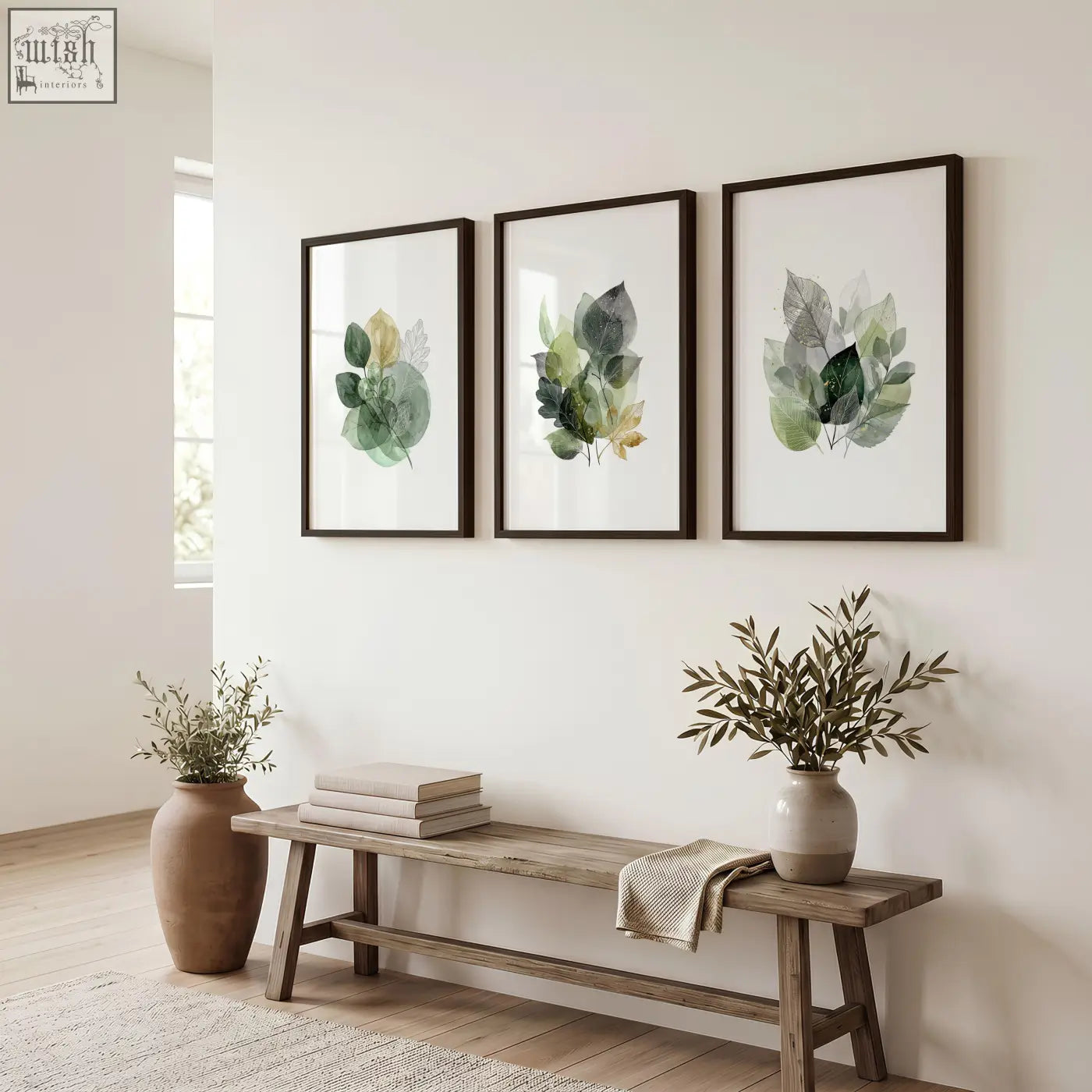 Three framed botanical leaf prints with green and gold watercolor designs perfect autumn art wall decor set of 3