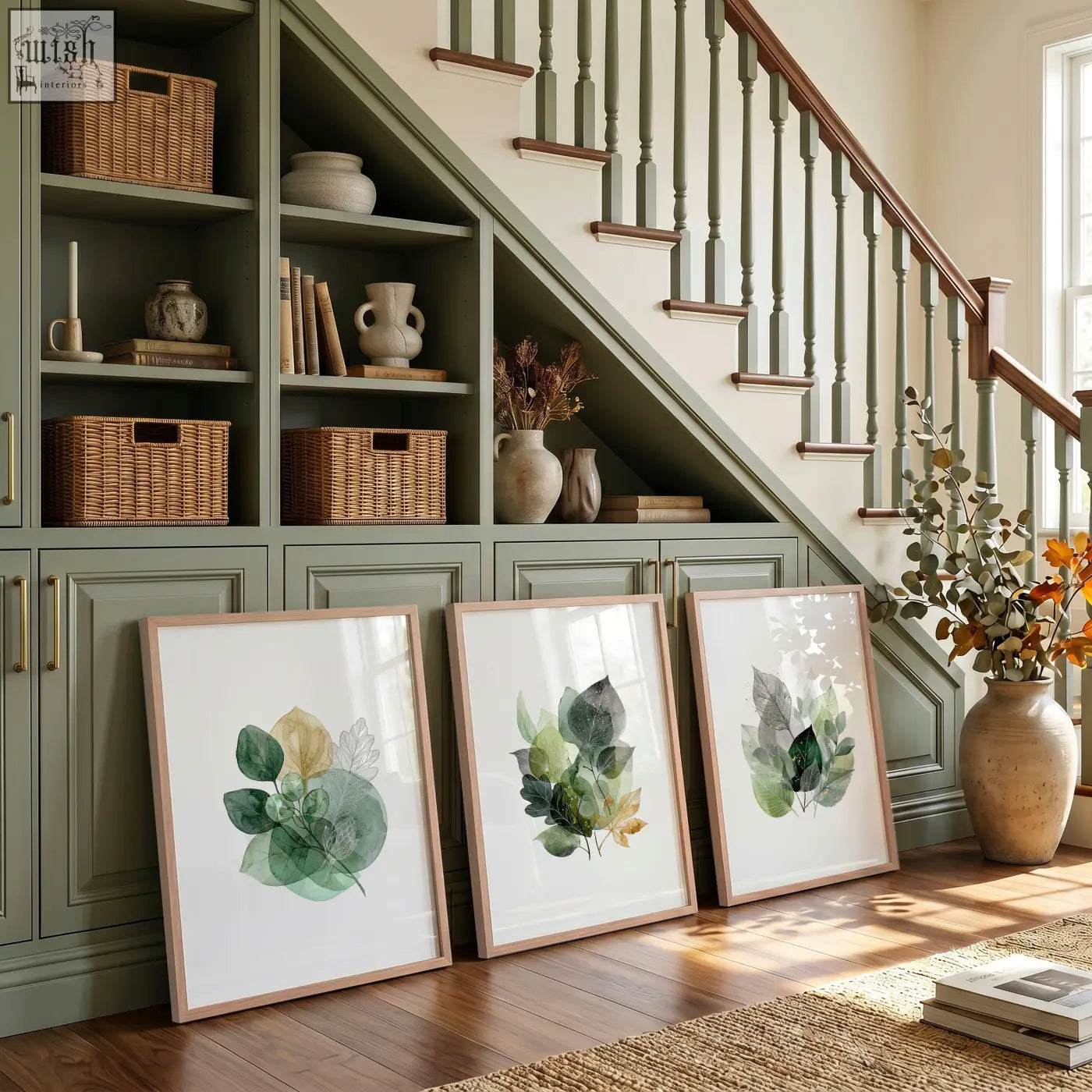 Three prints of autumn art botanical leaf wall art in watercolor green and gold tones with light wood frames