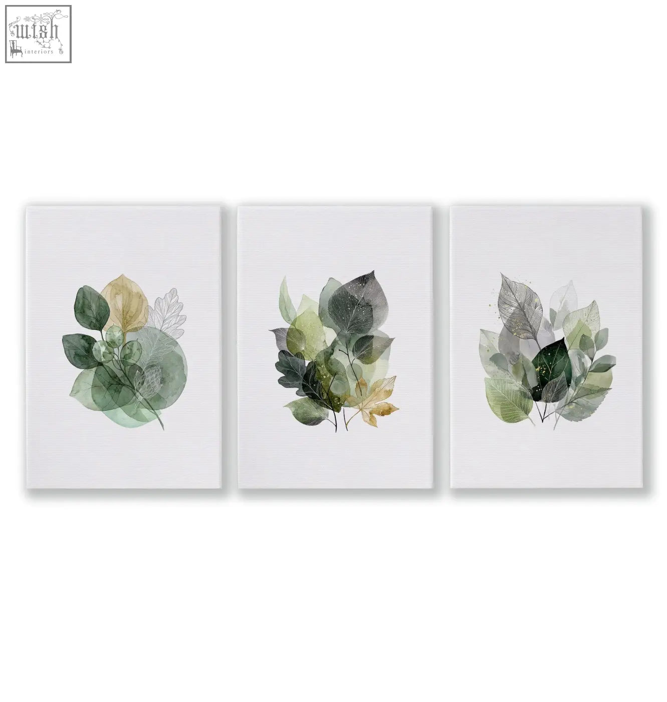 Set of three botanical leaf canvas prints with green and gold autumn art leaves on white backgrounds