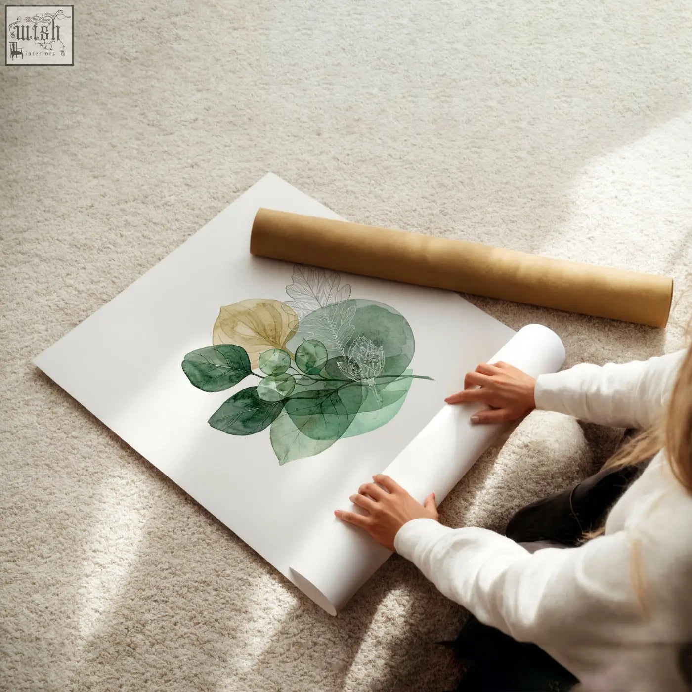 A set of three autumn art botanical leaf prints featuring layered green and gold leaves on white background unrolled poster