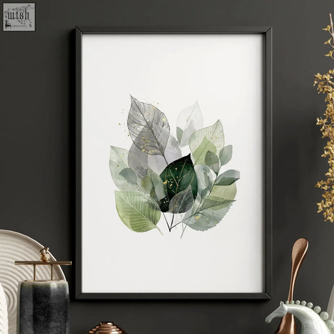 A framed autumn art botanical leaf print featuring layered green and gray watercolor leaves set of three prints