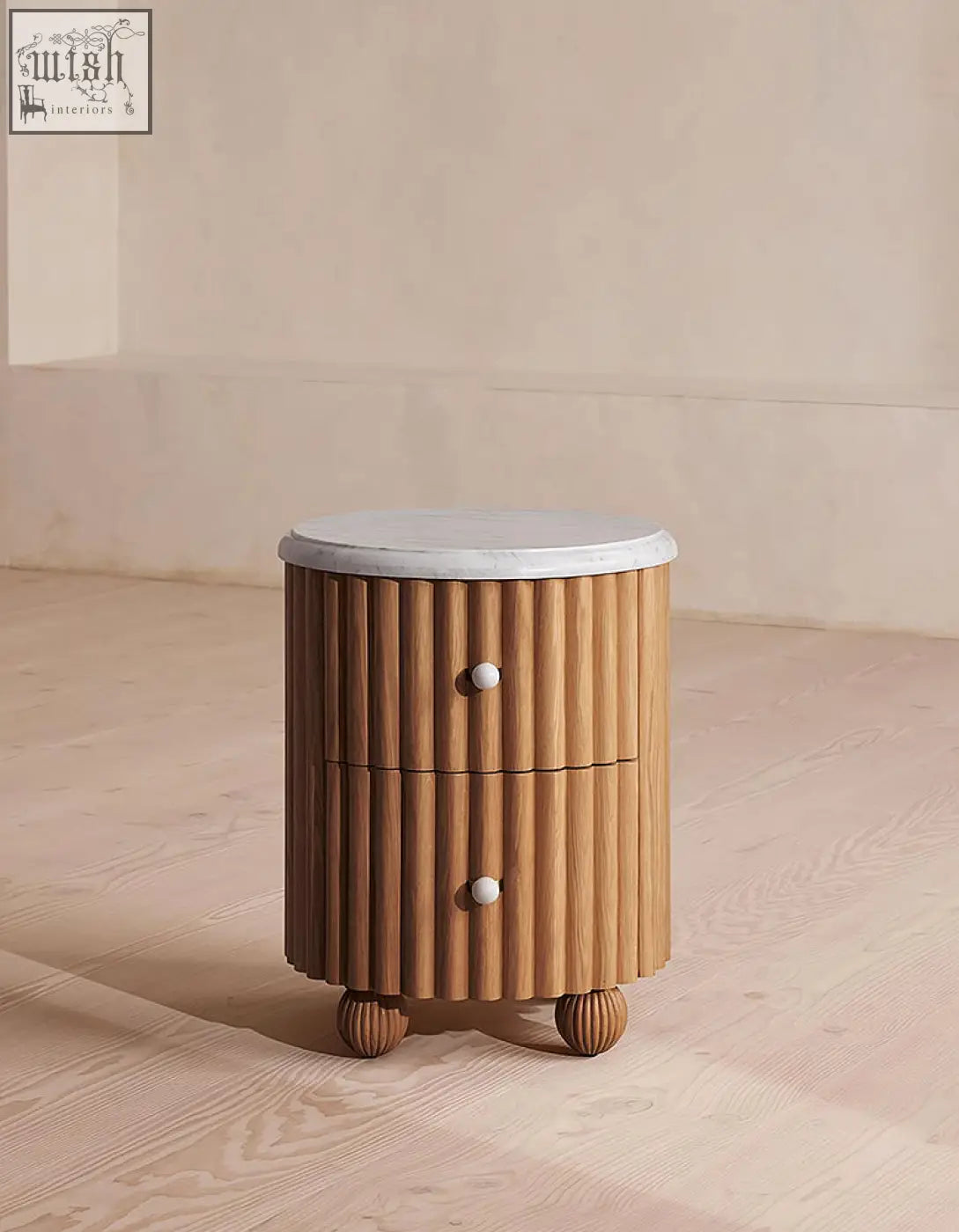 Ava luxe round bedside table with vertical fluted wood base, white marble top, and spherical drawer knobs