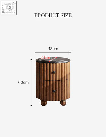 Ava luxe round wooden bedside table with vertical slats black marble top and rounded ball feet luxe round bedside