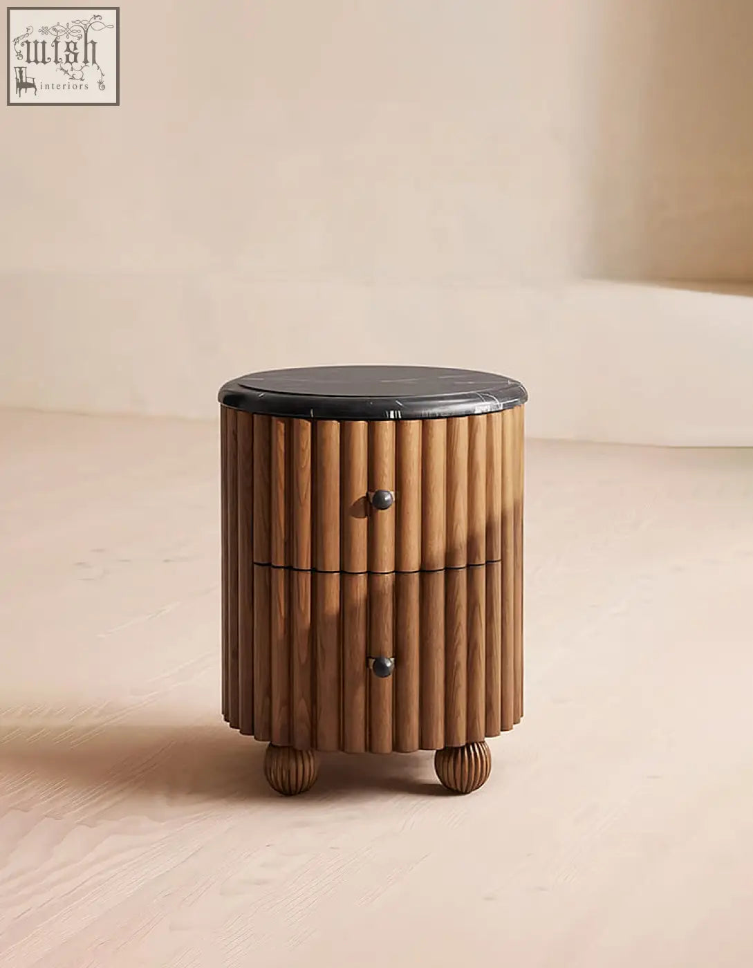 Ava luxe round bedside table wooden nightstand with vertical slats black marble top and rounded ball feet