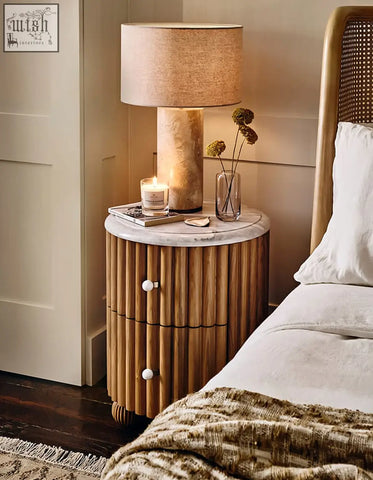 Ava luxe round bedside table with vertical bamboo slats white marble top and two drawers with round white knobs