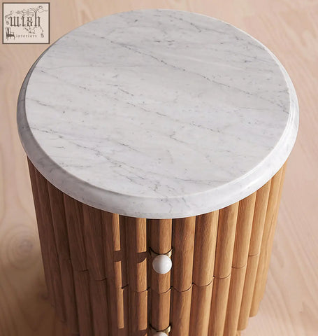 Ava luxe round bedside table with white marble top and wooden slat base featuring a small drawer and spherical knob