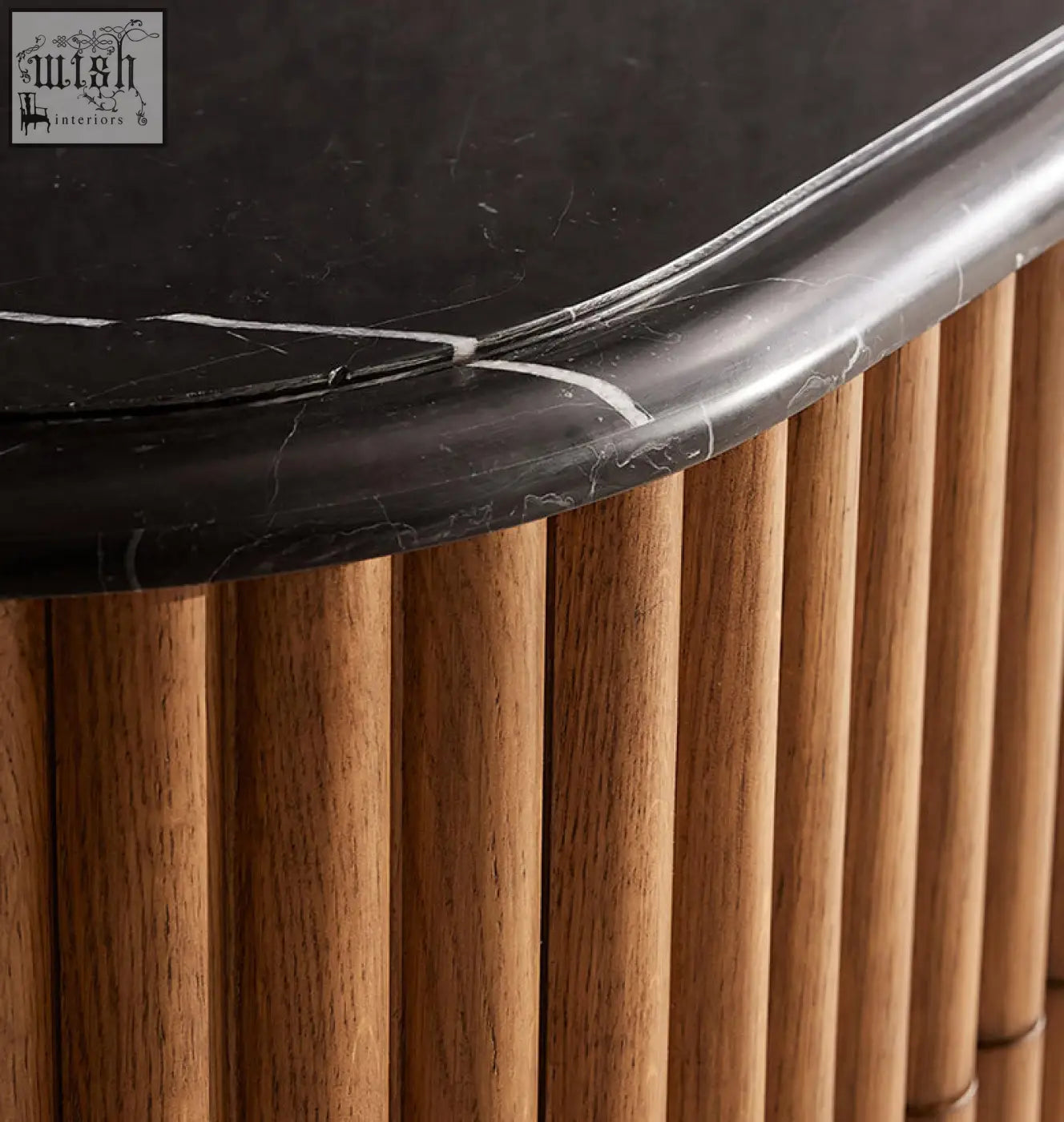 Ava marble hallway sideboard with black marble countertop and solid wood vertical slat base perfect next to a marble bedside table