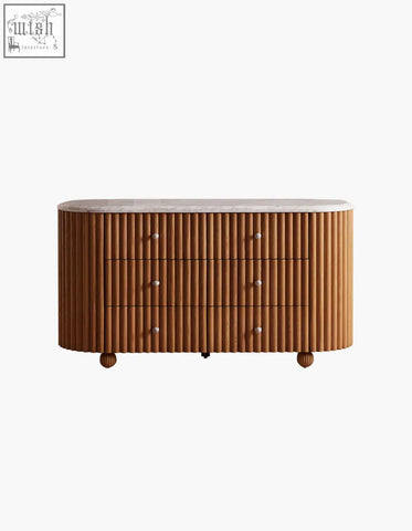 Ava marble hallway sideboard solid wood with warm brown wood slat front and white marble top perfect beside marble bedside table