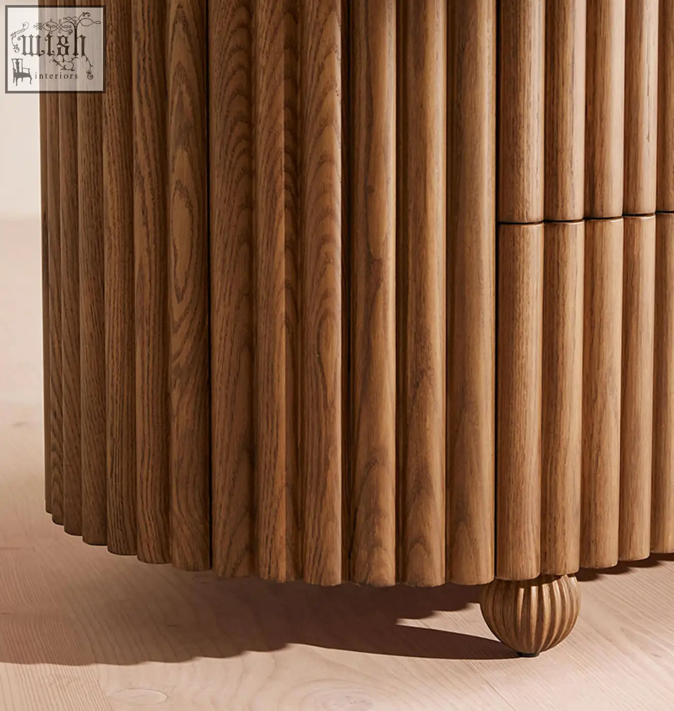 Ava marble hallway sideboard in solid wood with vertical fluted panels and ribbed feet for stylish storage