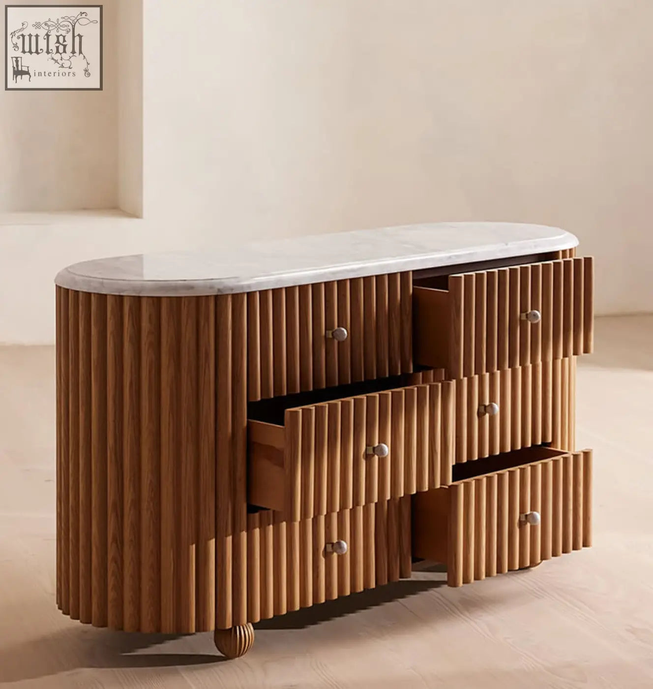 Modern ava marble hallway sideboard made of solid wood with vertical slats white marble top and silver knobs