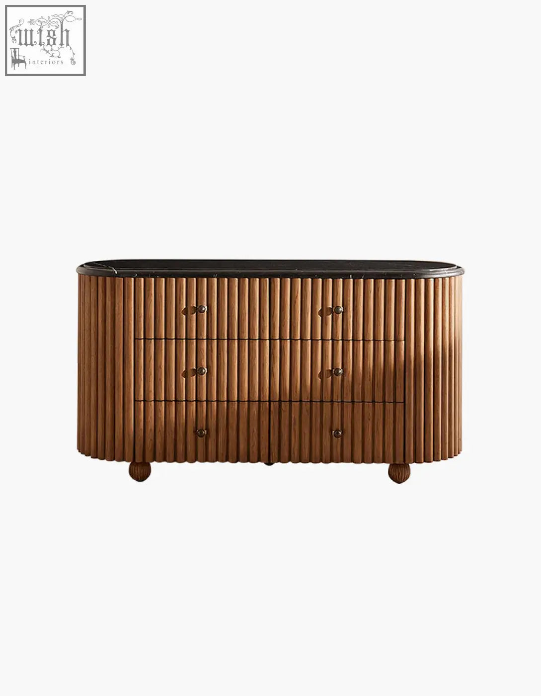Ava marble hallway sideboard with solid wood warm brown vertical slats black marble top and brass handles perfect next to a marble bedside table