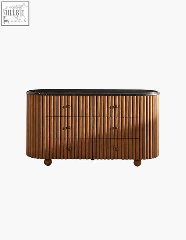 Ava marble hallway sideboard with solid wood warm brown vertical slats black marble top and brass handles perfect next to a marble bedside table