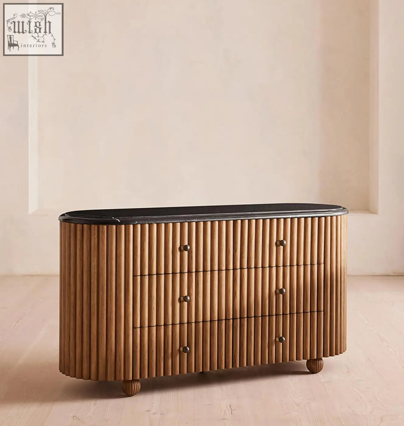 Ava marble hallway sideboard with warm wood grain, vertical slats, solid wood drawers, and black marble top