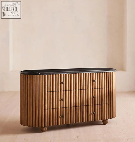 Ava marble hallway sideboard with warm wood grain, vertical slats, solid wood drawers, and black marble top
