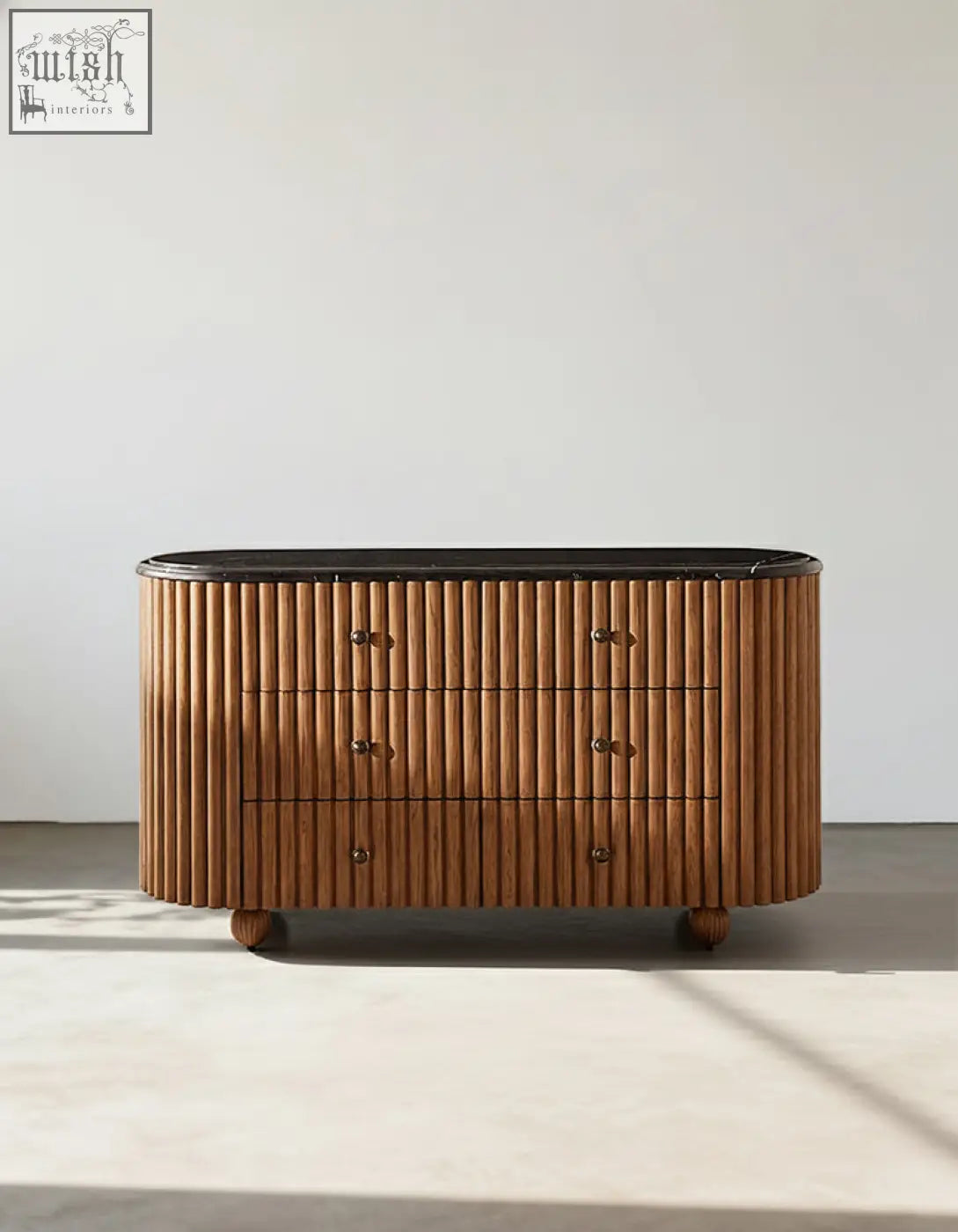 Ava marble hallway sideboard with sleek oval solid wood body vertical slats and black marble top perfect for marble bedside table use