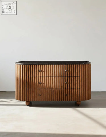 Ava marble hallway sideboard with sleek oval solid wood body vertical slats and black marble top perfect for marble bedside table use