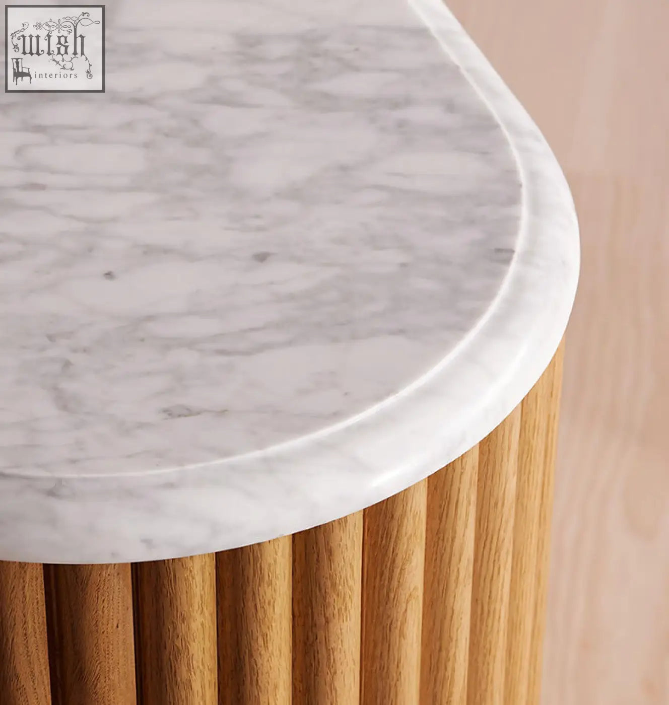 Ava marble hallway sideboard with white marble top and solid wood light oak base perfect for marble bedside table use