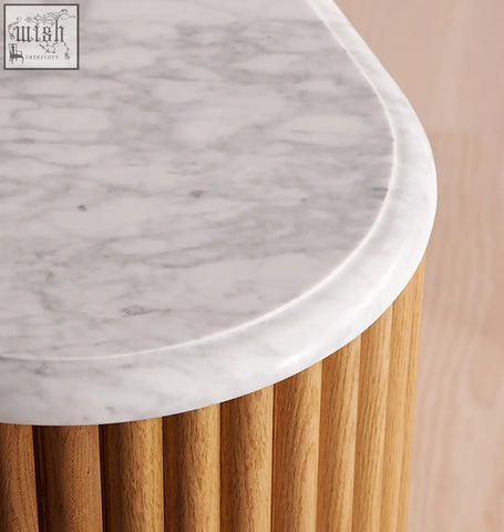 Ava marble hallway sideboard with white marble top and solid wood light oak base perfect for marble bedside table use