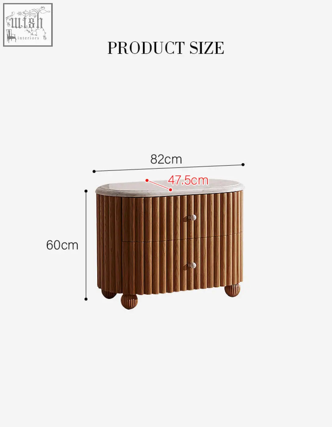 Ava rounded rectangle bedside table with light brown wood slats, white marble top, and rounded ball feet bedside table