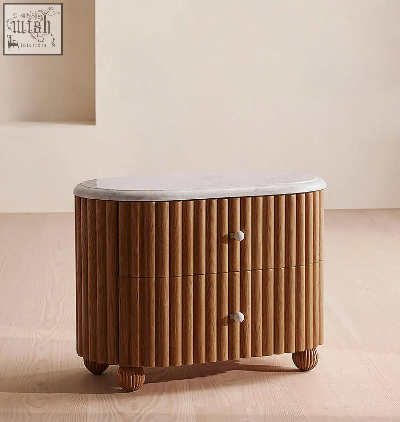Ava rounded rectangle bedside table with warm oak wood, vertical fluted design, and white marble top bedside table