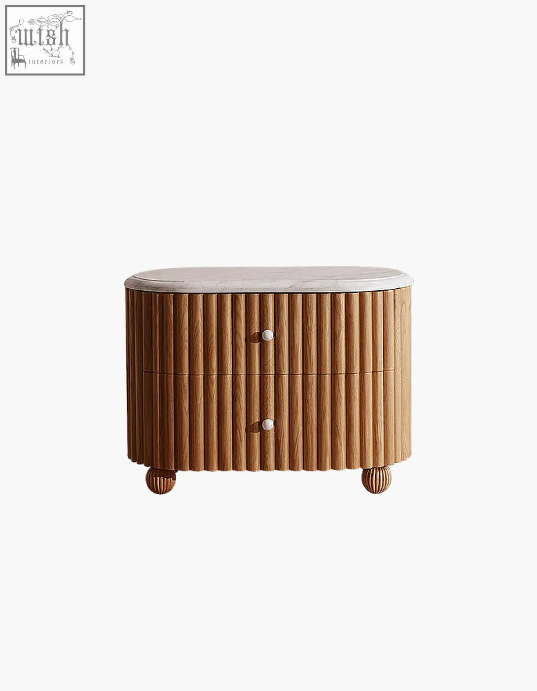 A sleek oval-shaped wooden bedside table with vertical slats, smooth white marble top, and rounded rectangle rounded feet