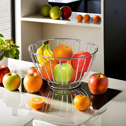 Clear glass avalon chrome round fruit basket with sleek modern design and curved chrome round fruit handles