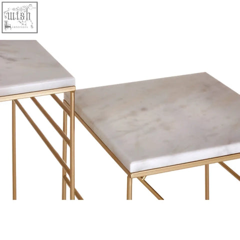 Avantis marble set of 2 square nesting tables with gold metal frame and white marble top for stylish living spaces