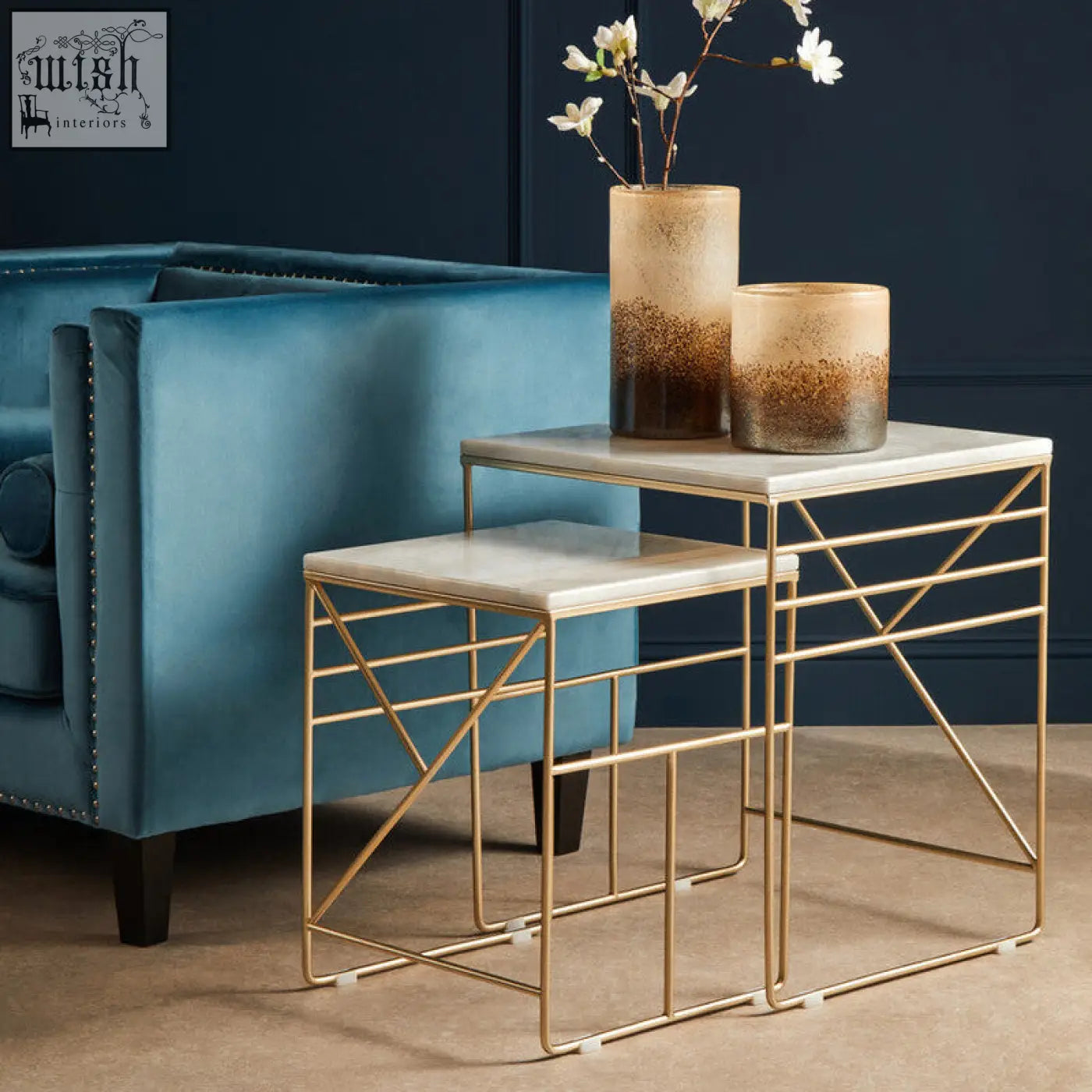 Gold metal frame avantis marble set square nesting tables with white marble tops perfect for small spaces