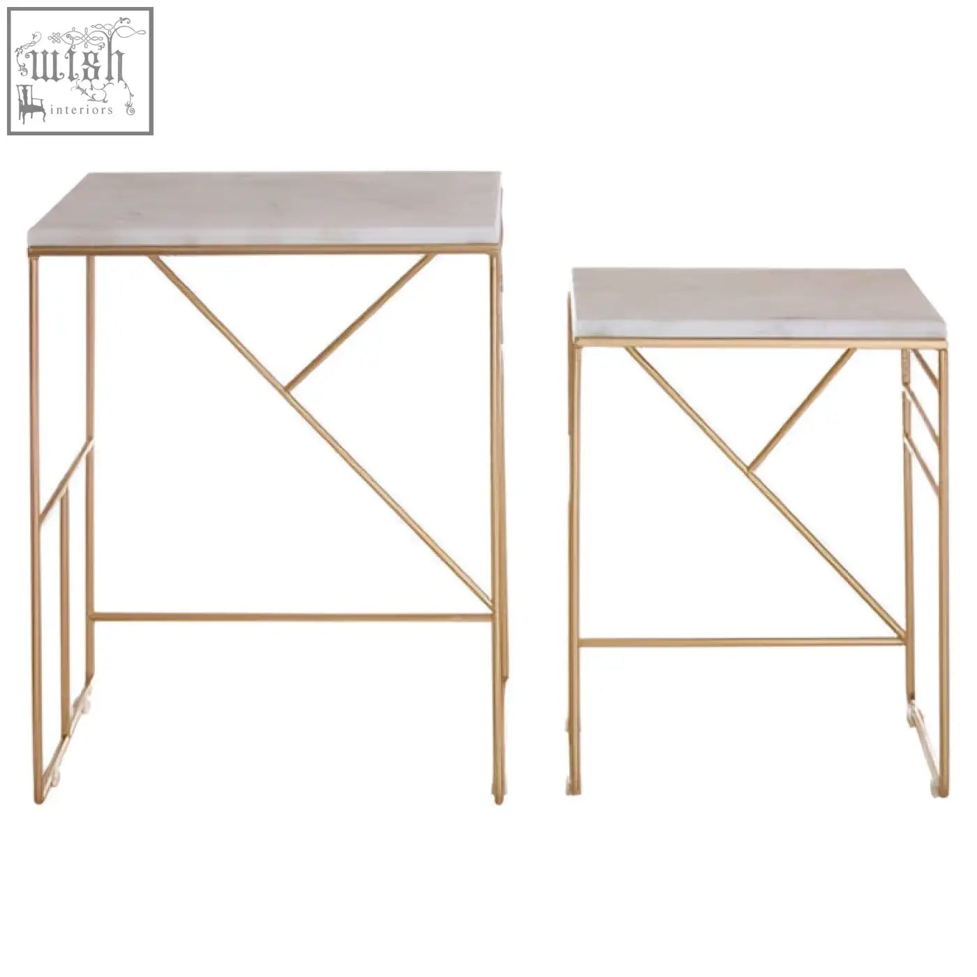 Gold metal frame square nesting tables with light gray marble tops from the avantis marble set