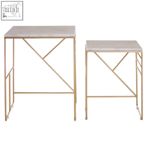 Gold metal frame square nesting tables with light gray marble tops from the avantis marble set