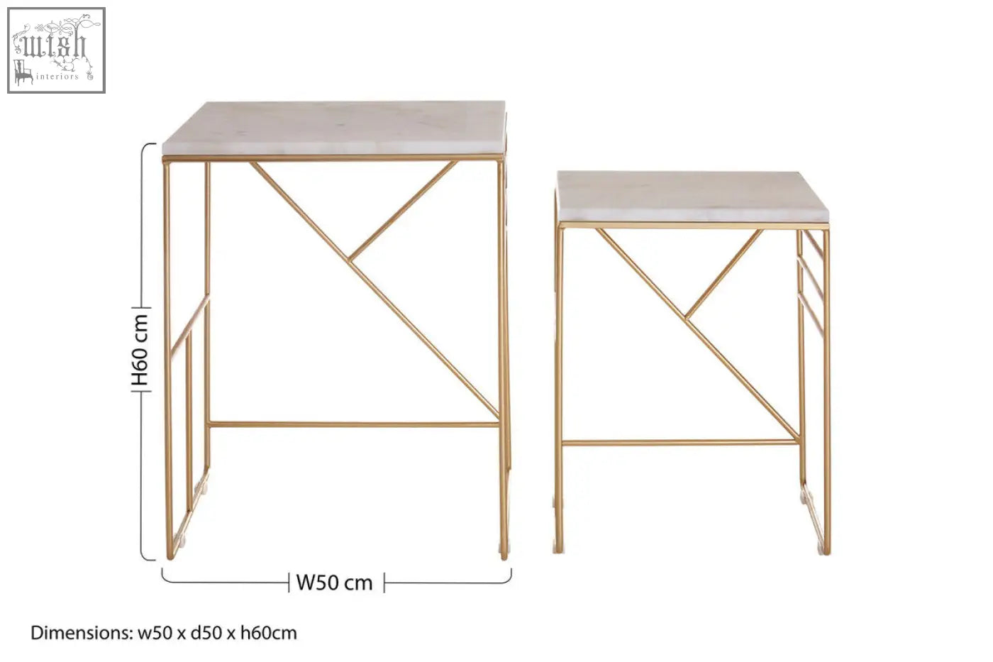 Avantis marble set square nesting tables with gold toned metal frame white marble top and geometric diagonal supports