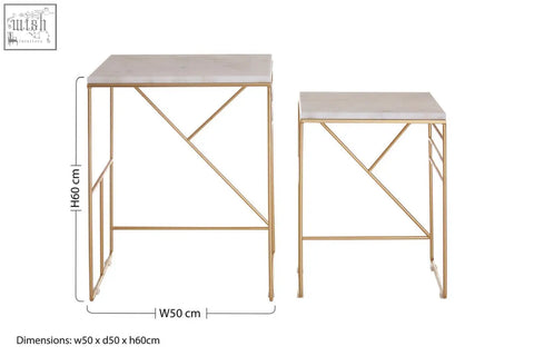Avantis marble set square nesting tables with gold toned metal frame white marble top and geometric diagonal supports