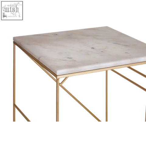 Square marble-top side table with slender gold metal legs from the avantis marble set of 2 square nesting tables