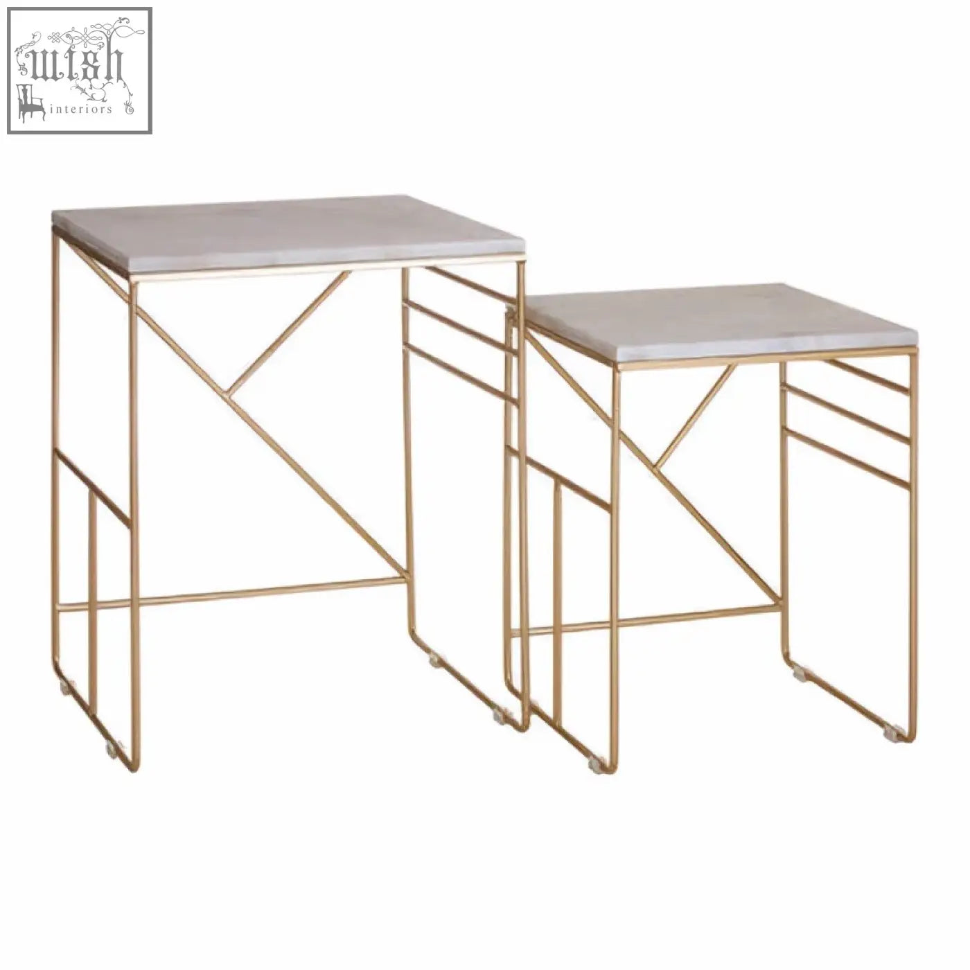 Set of two avantis marble square nesting tables with gold toned metal frames and light gray marble tops