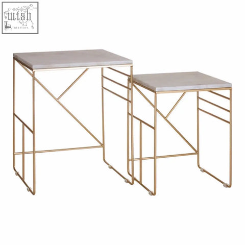 Set of two avantis marble square nesting tables with gold toned metal frames and light gray marble tops