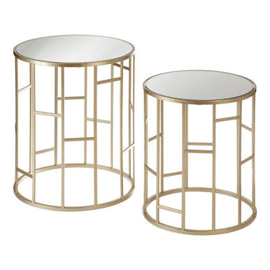 Avantis set of 2 champagne finish round side tables with gold metal frame and mirrored circular tops