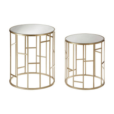 Avantis set of 2 champagne finish round side tables with gold metal lattice frames and mirrored tops