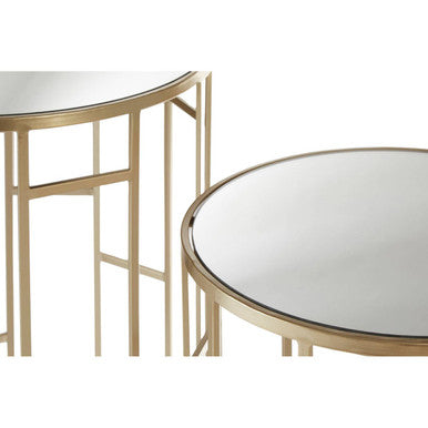 Avantis set of 2 champagne finish round side tables with gold metal frame and circular mirrored top
