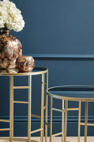 Gold-toned metal avantis set of 2 champagne finish round side tables with glass tops and geometric lattice frames