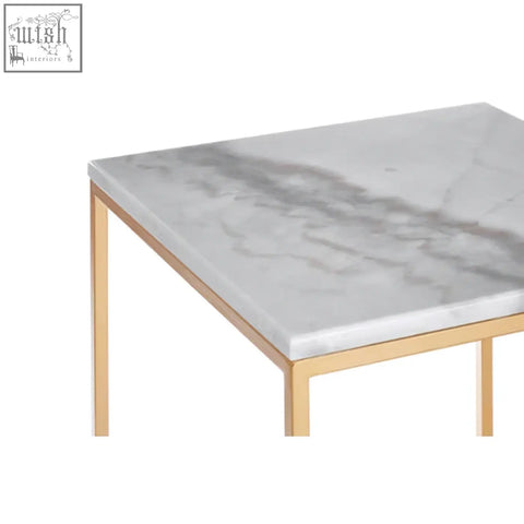Avantis set of 2 square marble coffee tables with white marble tops and gold nesting slender metal legs