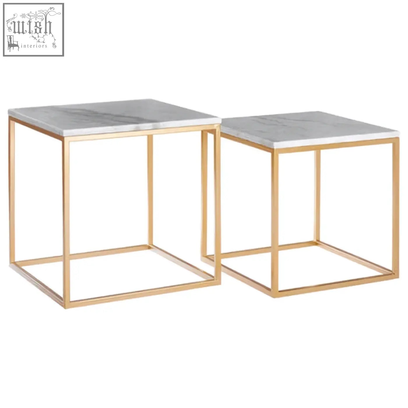 Avantis set of 2 gold nesting tables with square marble tops and gold frames for stylish side use