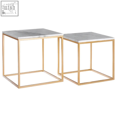 Avantis set of 2 gold nesting tables with square marble tops and gold frames for stylish side use