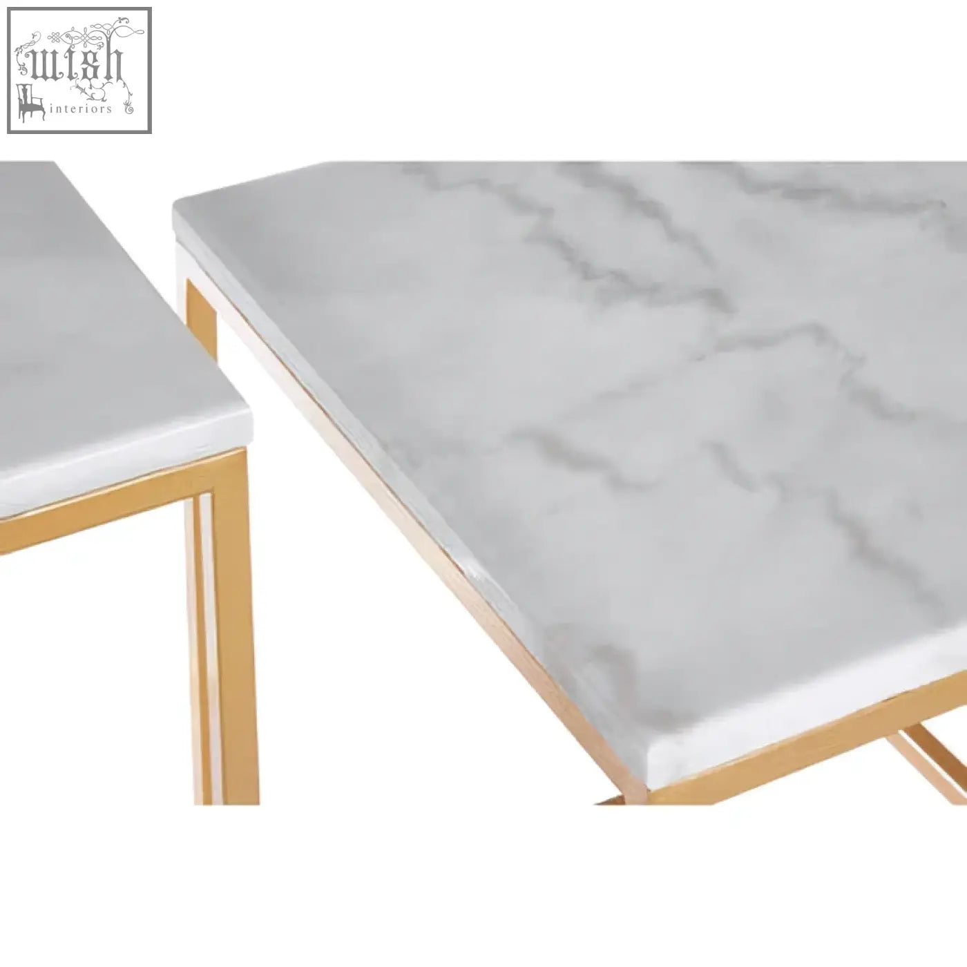 Gold-framed coffee table with white square marble top featuring gray veining from avantis gold nesting tables set