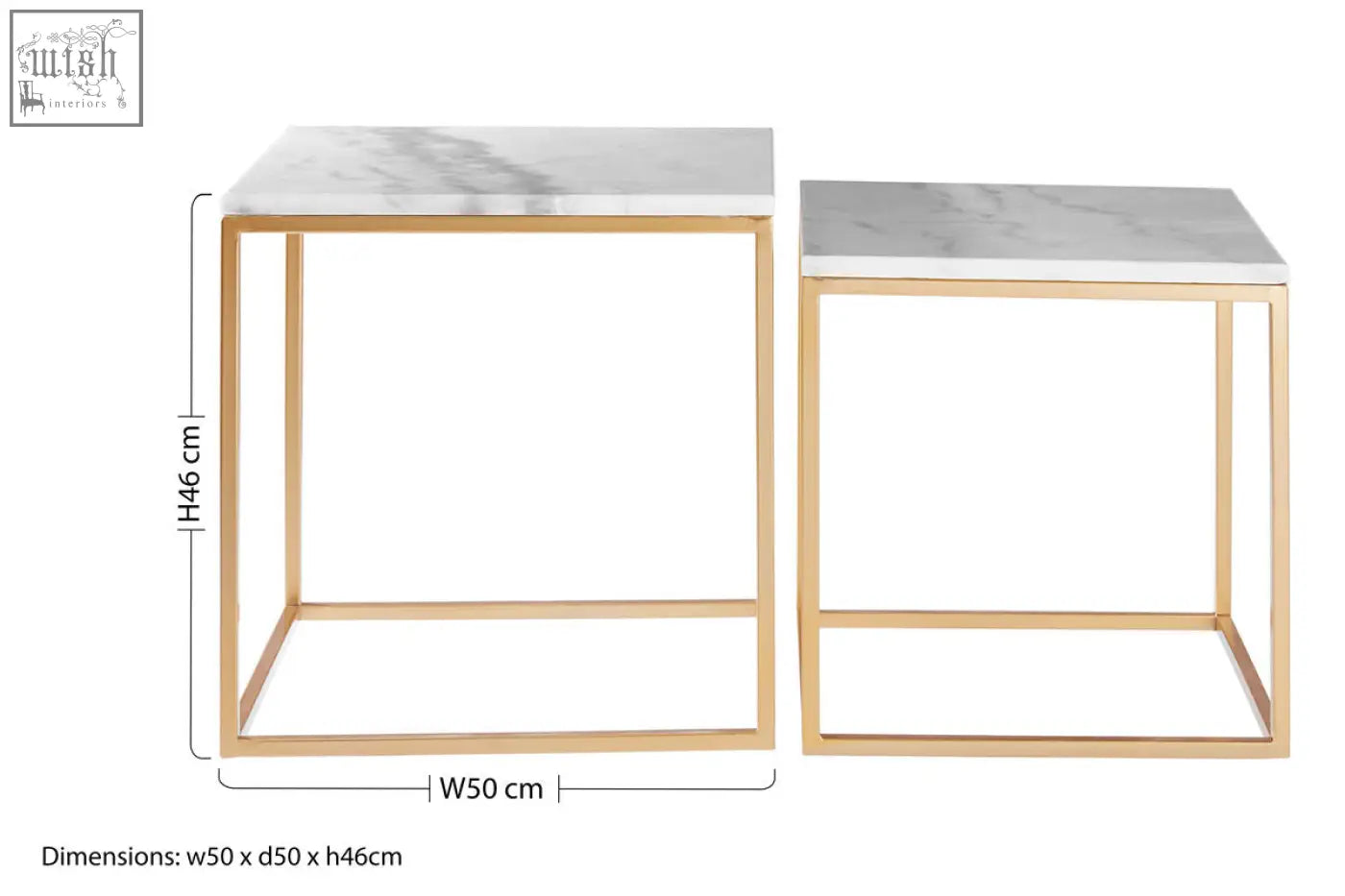 Avantis set of 2 gold nesting tables with square marble tops in white with subtle gray veining and gold-toned frames