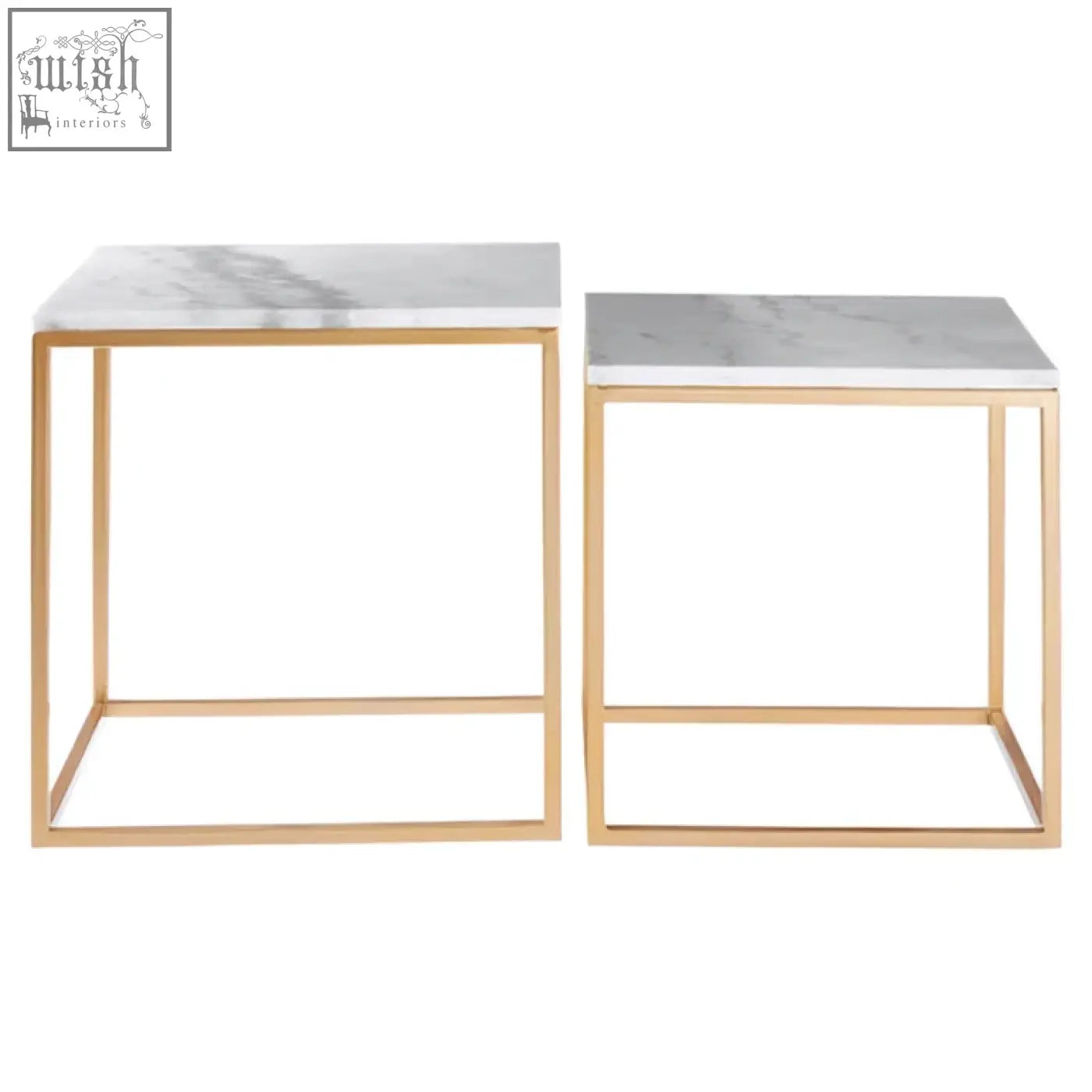 Two minimalist square marble side tables with gold nesting metal frames in the avantis set of 2