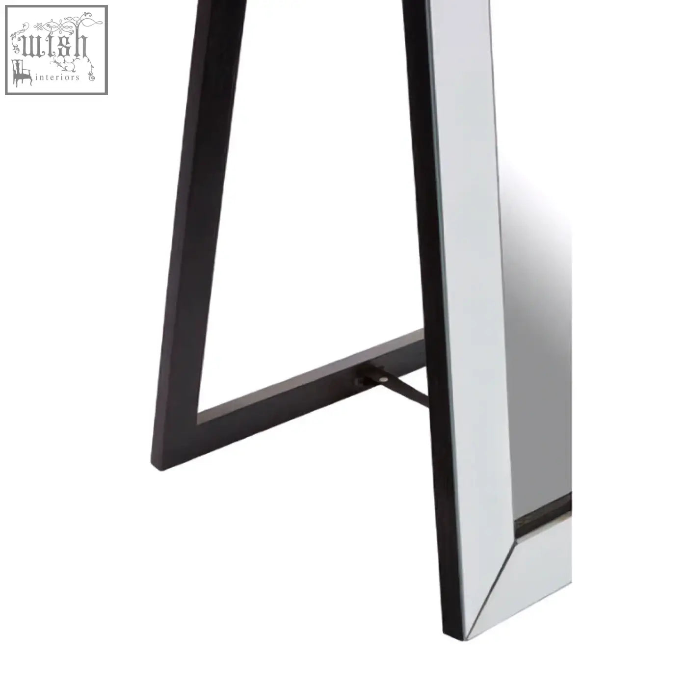 Avelene tall floor standing mirror with black frame features bevelled corners and a sleek modern design