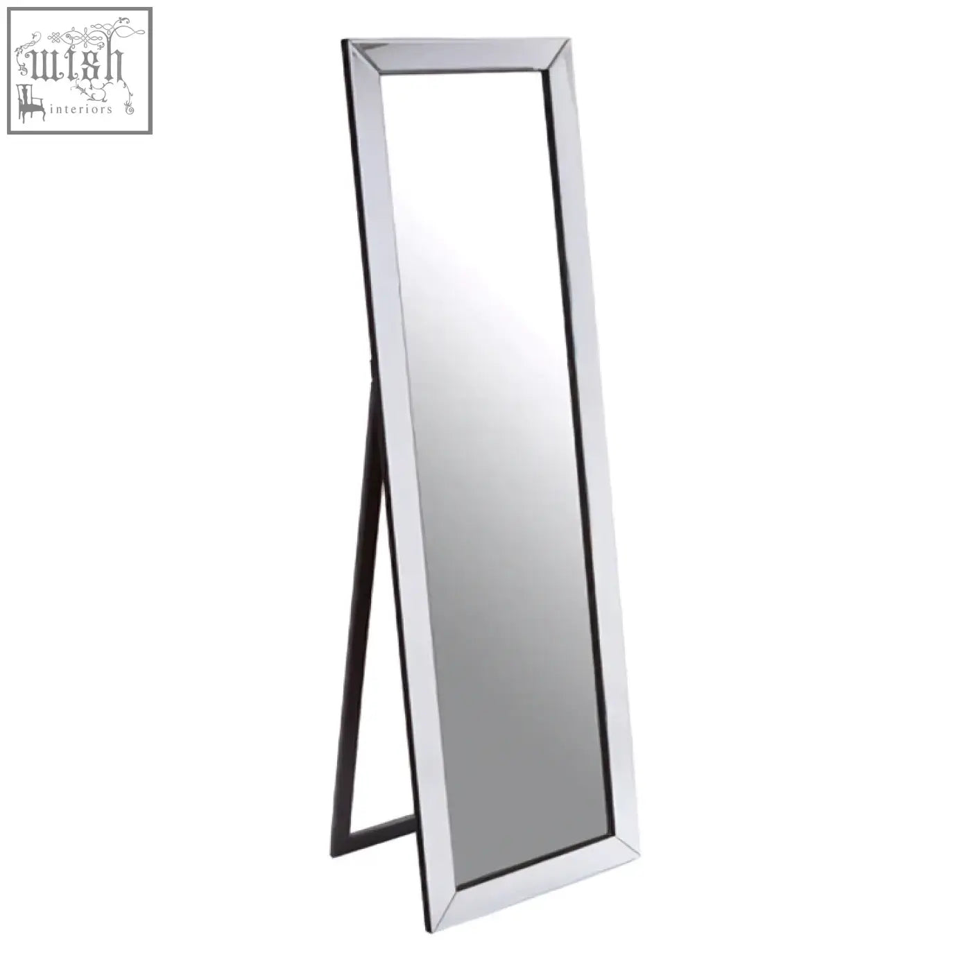 Avelene tall floor standing mirror with silver frame features beveled corners and minimalist black a frame stand