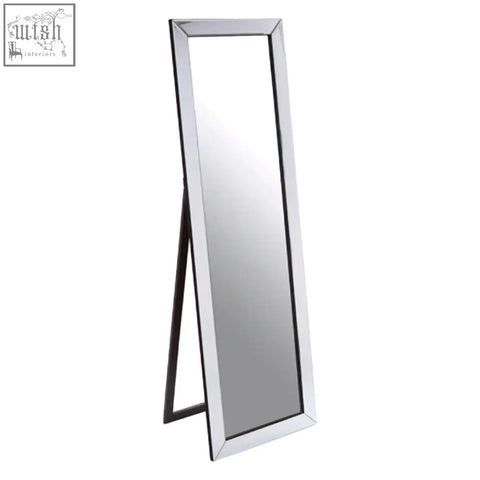 Avelene tall floor standing mirror with silver frame features beveled corners and minimalist black a frame stand