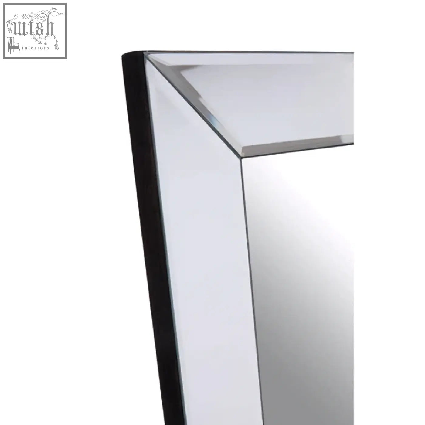 Avelene tall floor standing mirror with a sleek thin black frame and sharp beveled edges features bevelled corners